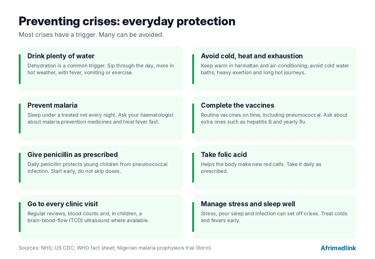 Eight everyday habits that reduce crises and infections. Sources: NHS; US CDC; WHO fact sheet; Ilorin malaria prophylaxis trial.