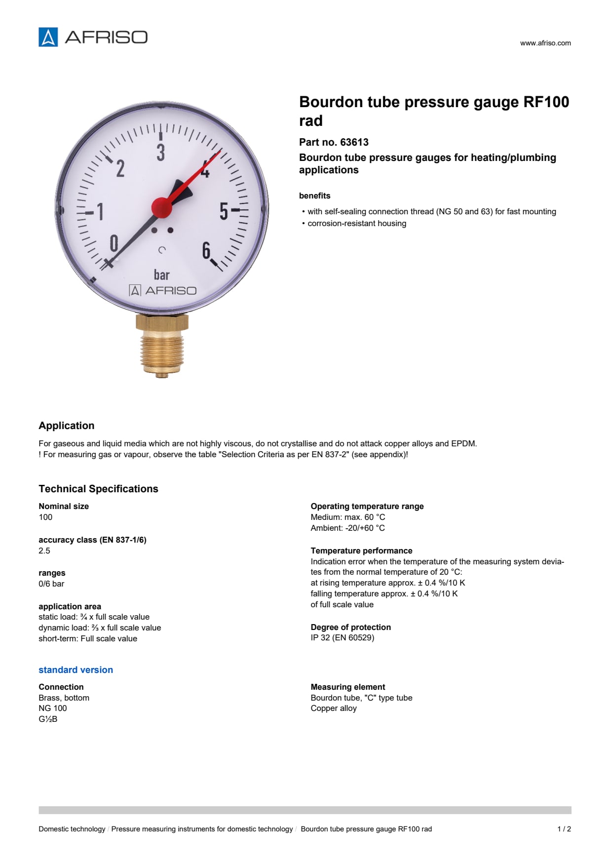 AFRISO_BOURDON-TUBE-PRESSURE-GAUGE-RF100-RAD-BOURDON-TUBE-PRESSURE-GAUGE-RF-FOR-HEATING_63613_ENG_GBR.PDF
