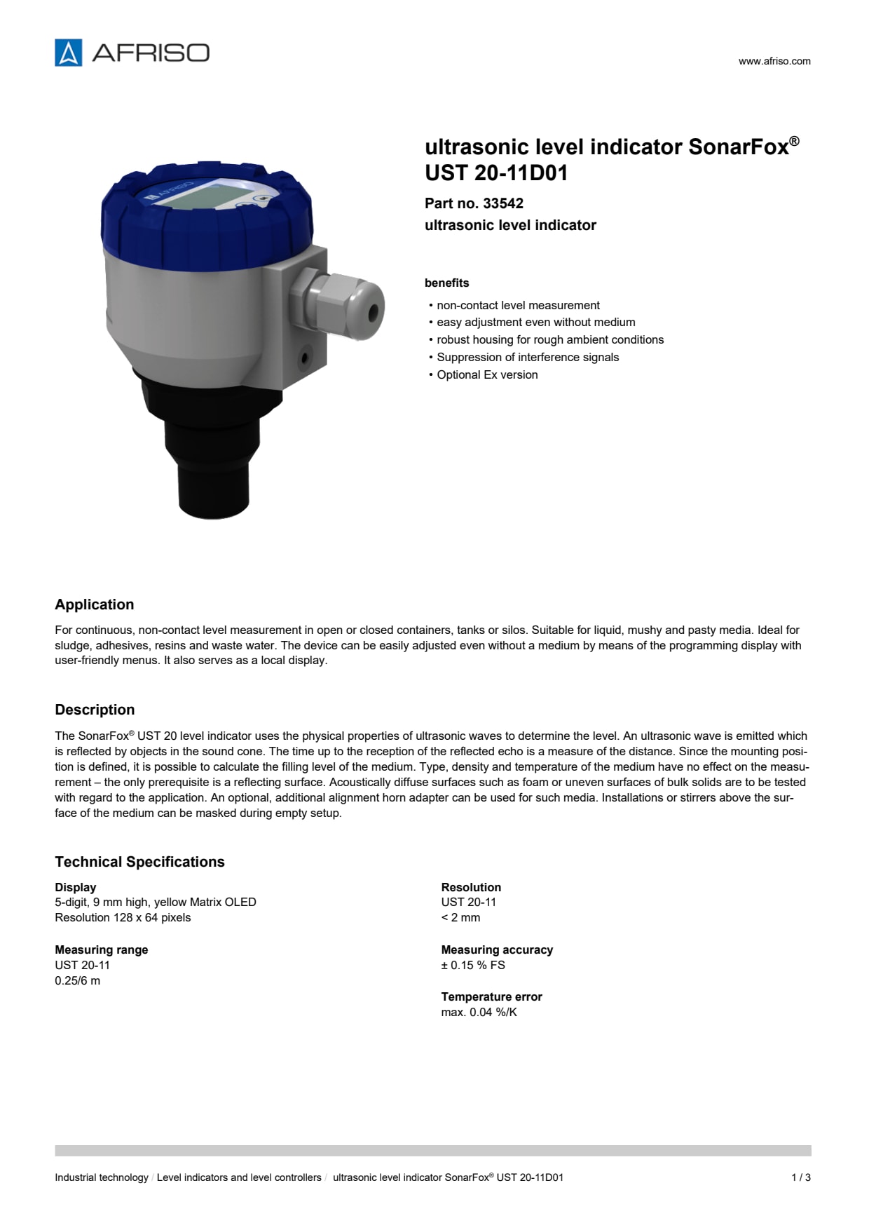 AFRISO_ULTRASONIC-LEVEL-INDICATOR-SONARFOX--UST-20-11D01-ULTRASONIC-LEVEL-INDICATOR_33542_ENG_GBR.PDF
