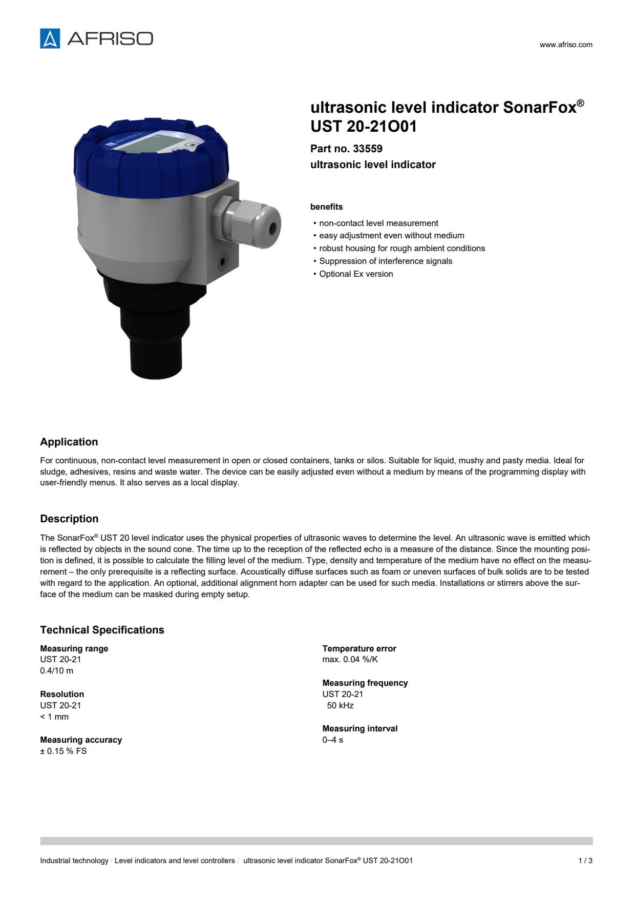 AFRISO_ULTRASONIC-LEVEL-INDICATOR-SONARFOX--UST-20-21O01-ULTRASONIC-LEVEL-INDICATOR_33559_ENG_GBR.PDF