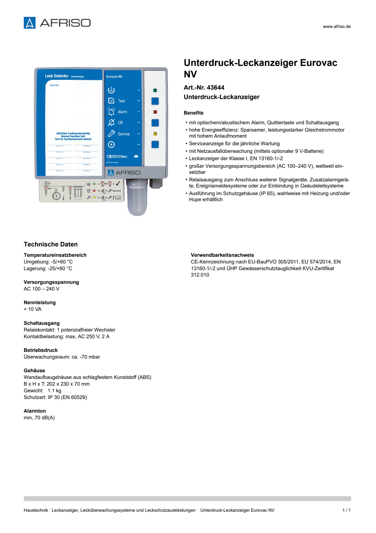AFRISO_UNTERDRUCK-LECKANZEIGER-EUROVAC-NV-UNTERDRUCK-LECKANZEIGER_43644_DEU_DEU.PDF