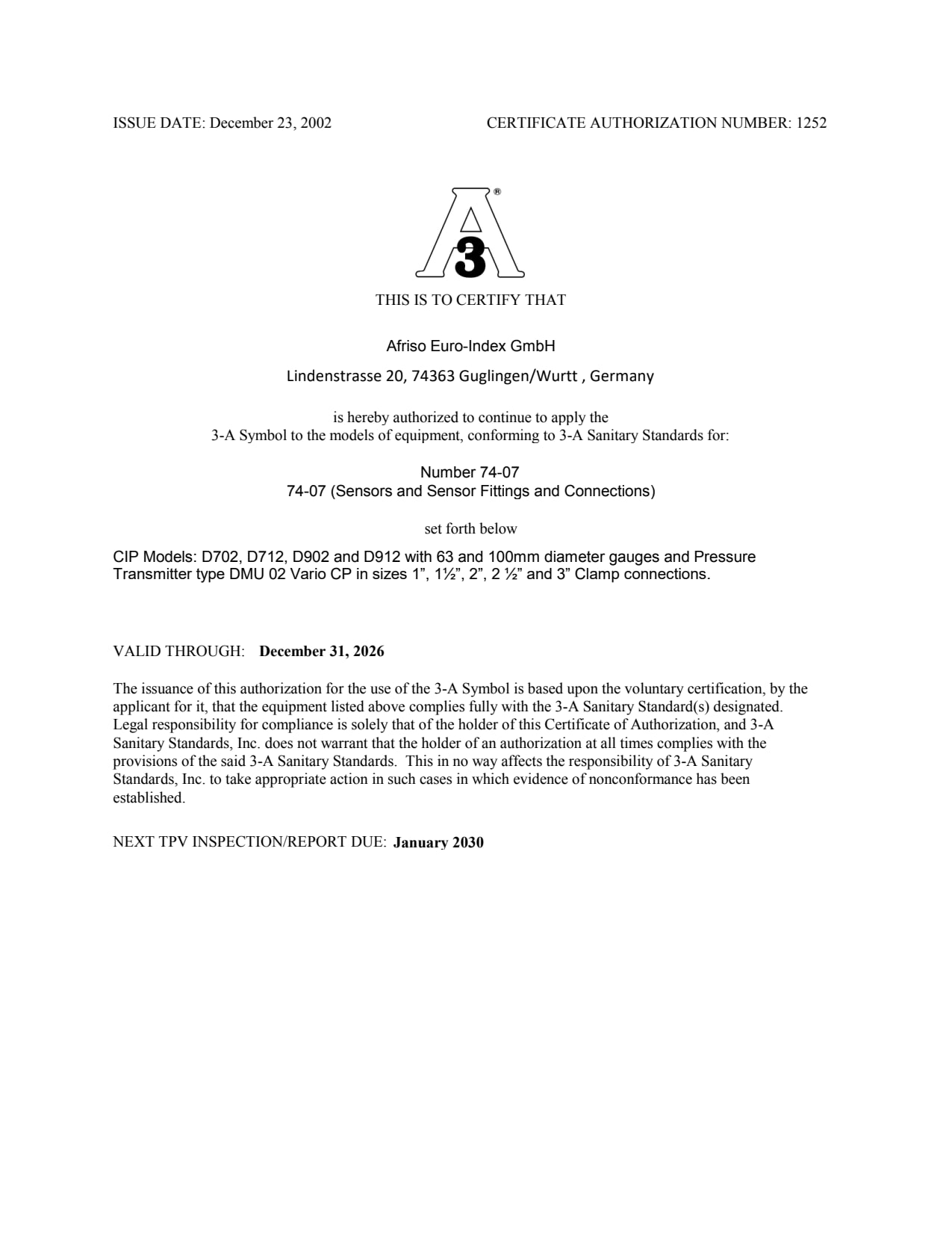 AFRISO_CERTIFICATE_3-A_SANITARY_STANDARDS.PDF