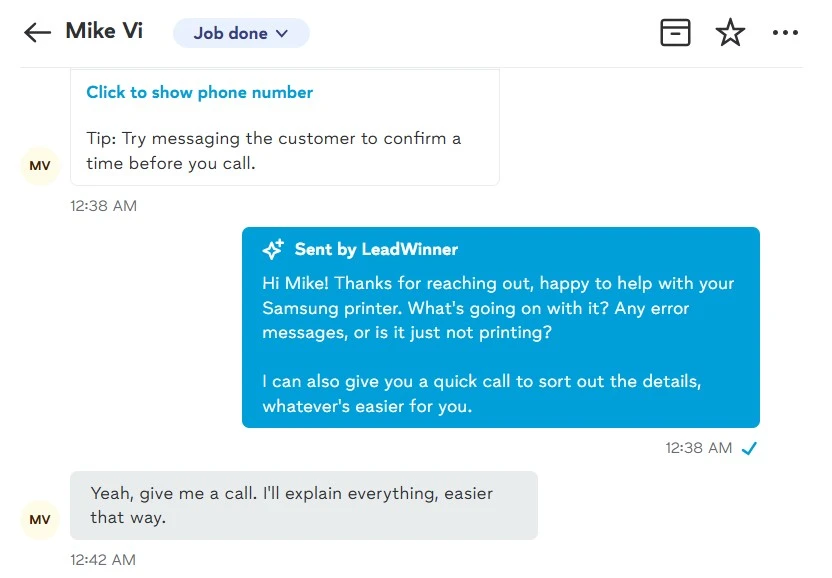 LeadWinner AI replying to a customer in seconds and setting up a call