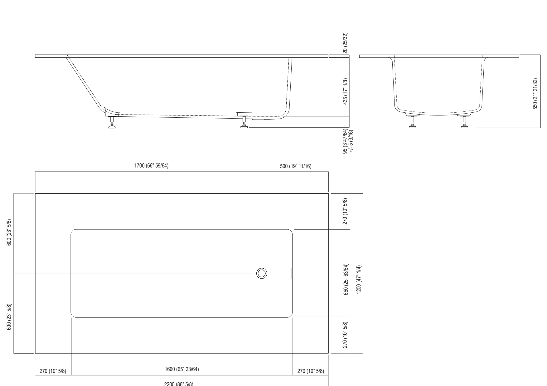 Builtin bathtub; edges cm 27 (10"5/8) Agape