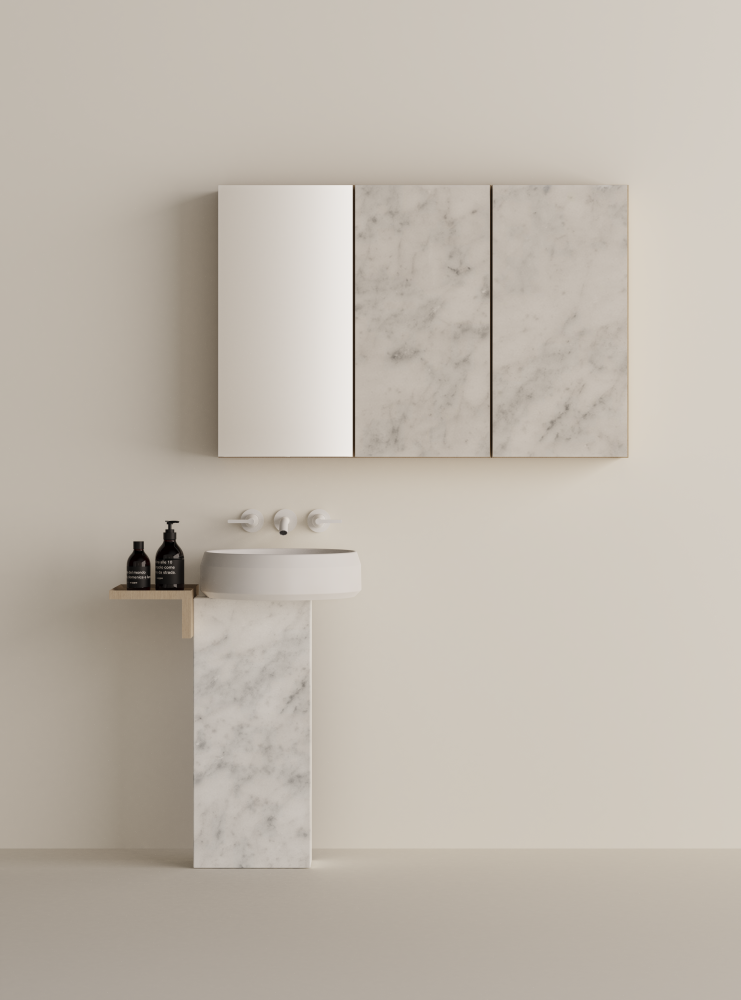 AGAPE 02, mobile da bagno curvo con lavabo in mineralmarmo e specchiera con  applique di Belbagno