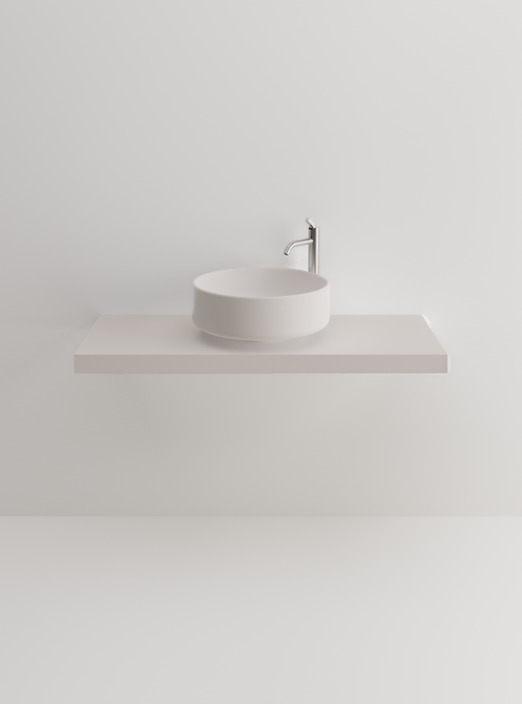 AGAPE 02, mobile da bagno curvo con lavabo in mineralmarmo e specchiera con  applique di Belbagno