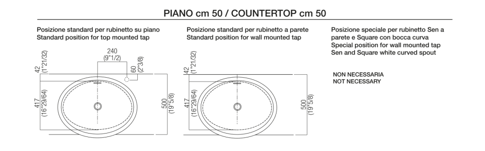 Forature per lavabi a semincasso e rubinetti su piani <br><br>
