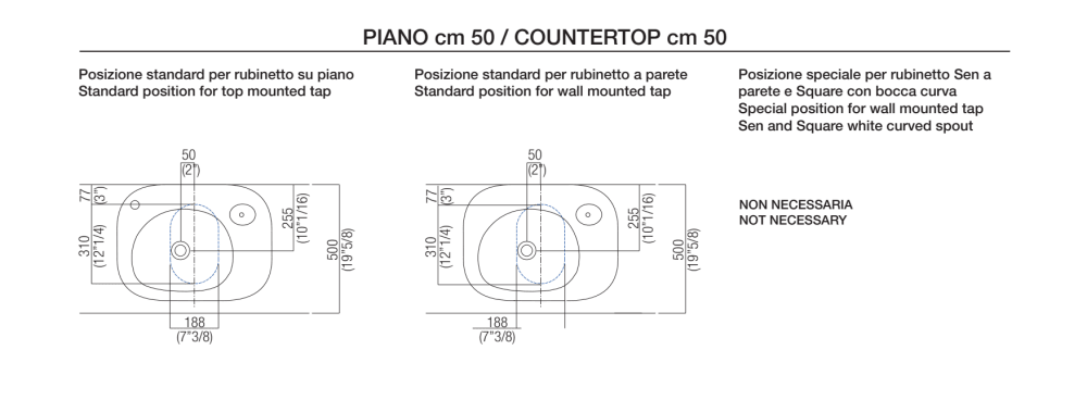Forature per lavabi da appoggio e rubinetti su piani 
