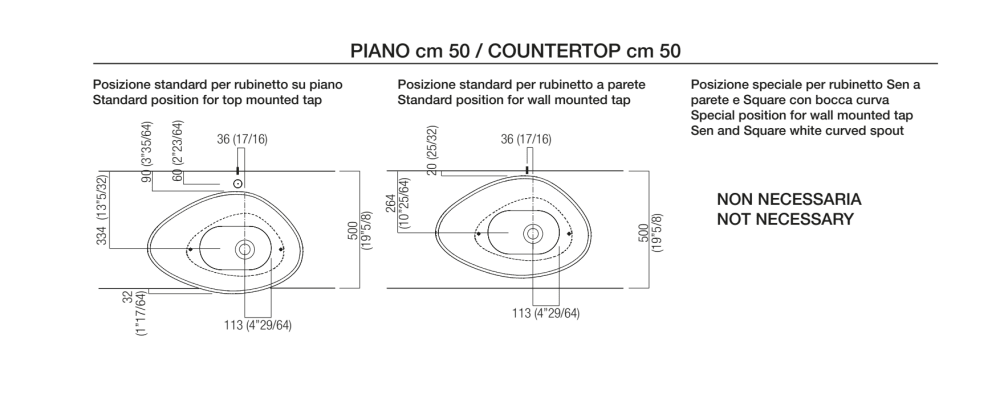 Holes for countertop washbasins and top mounted taps for top
