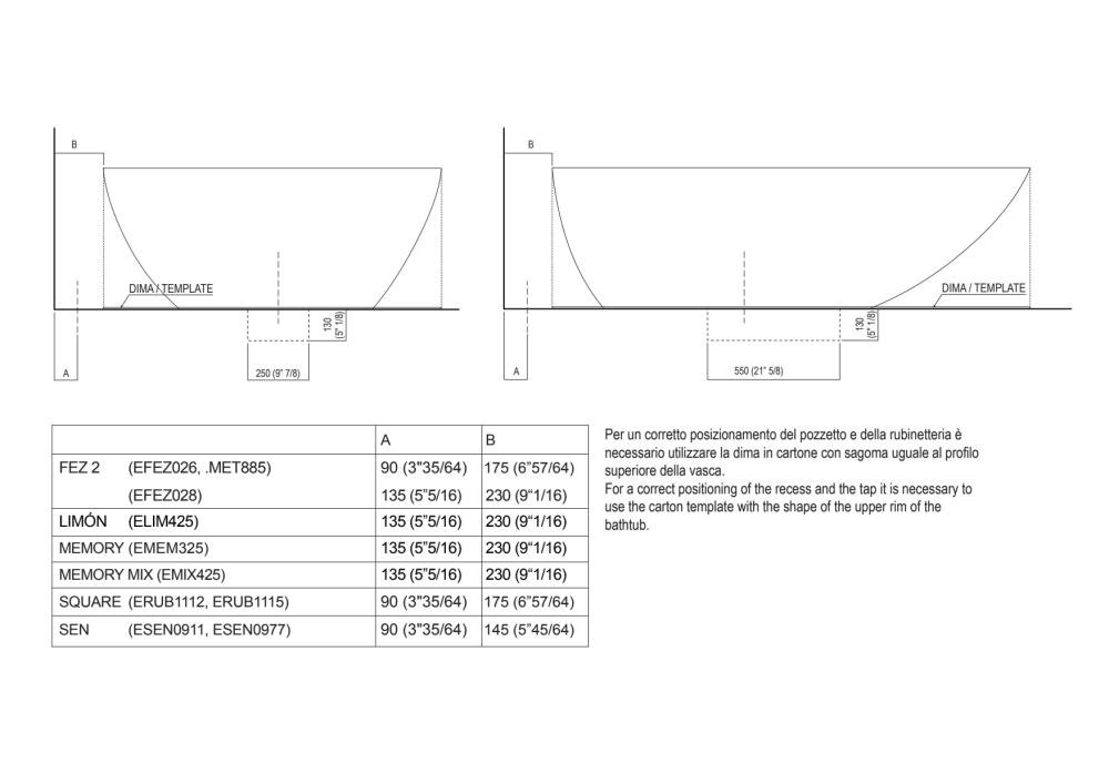 Dimensions for freestanding spouts<br>