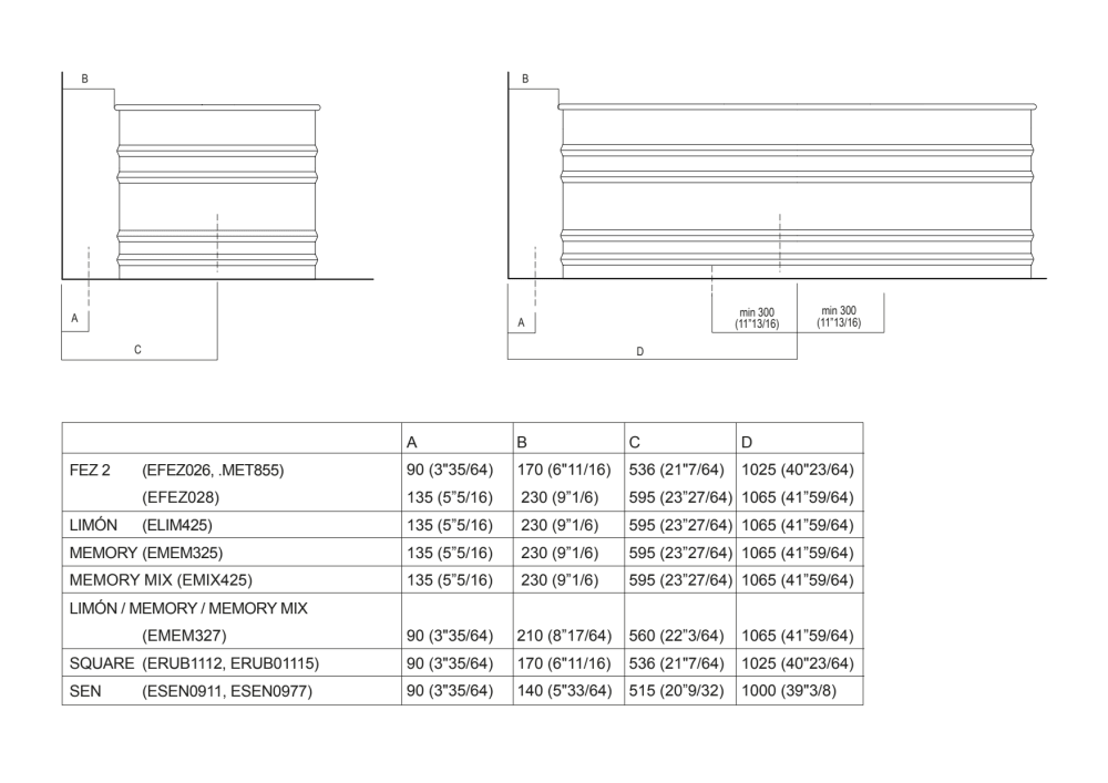 Dimensions for freestanding spouts<br>