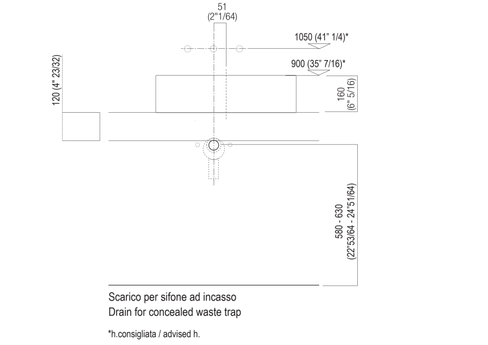 Installation notes: countertop with concealed wall fixings/freestanding with thickness cm 12 (4"23/32)