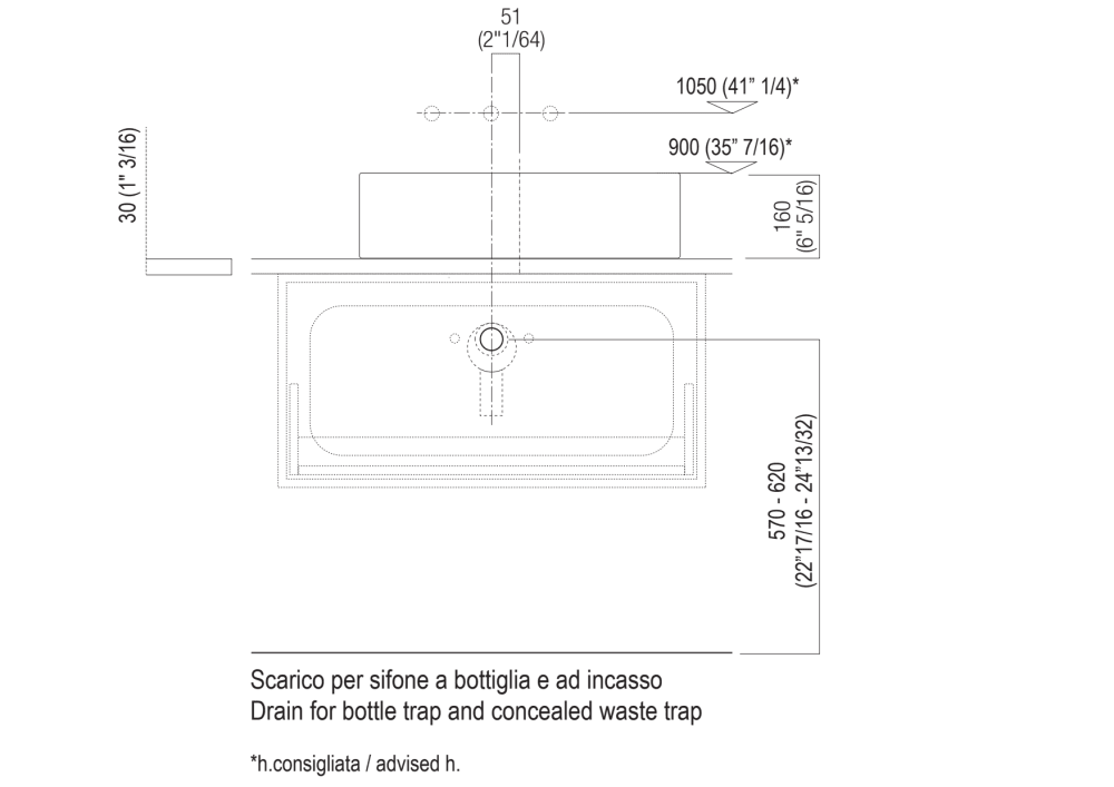 Quote di montaggio: piani spessore cm 3, in appoggio sui contenitori