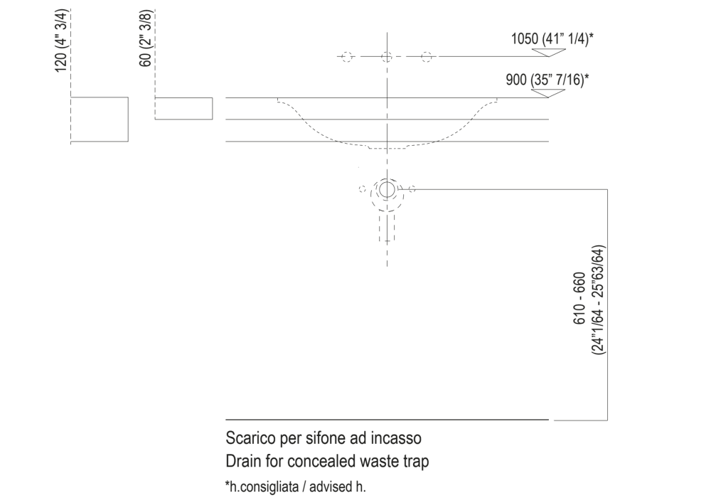 Installation notes: countertop with concealed wall fixings/freestanding with thickness cm 6 (2"3/8) and cm 12 (4"3/4)