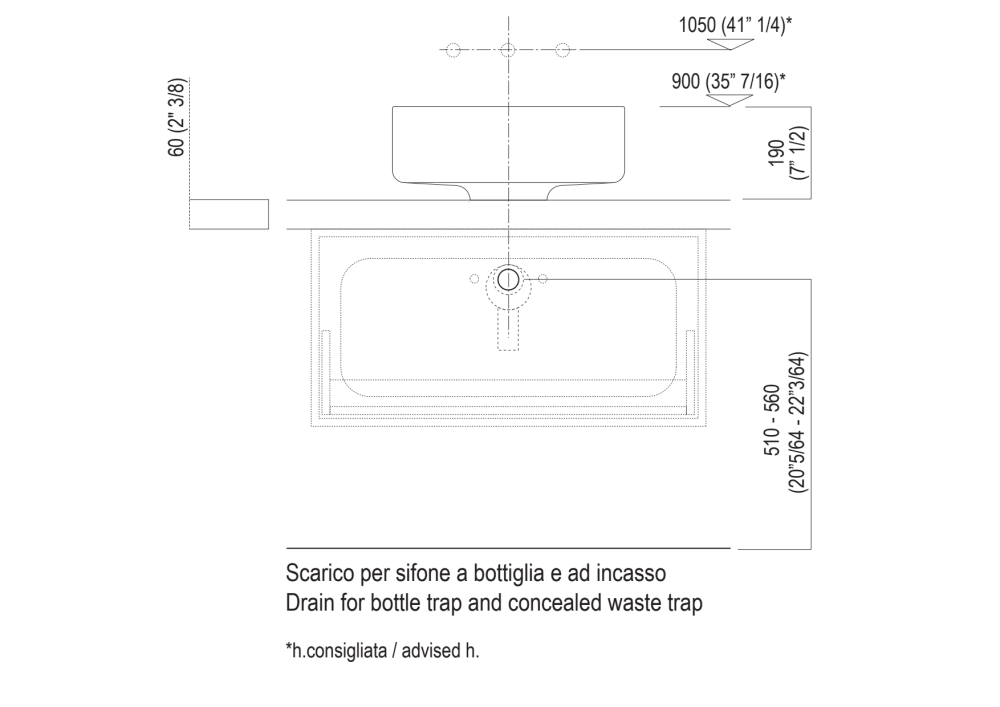 Quote di montaggio: piani spessore cm 6, in appoggio sui contenitori<br>