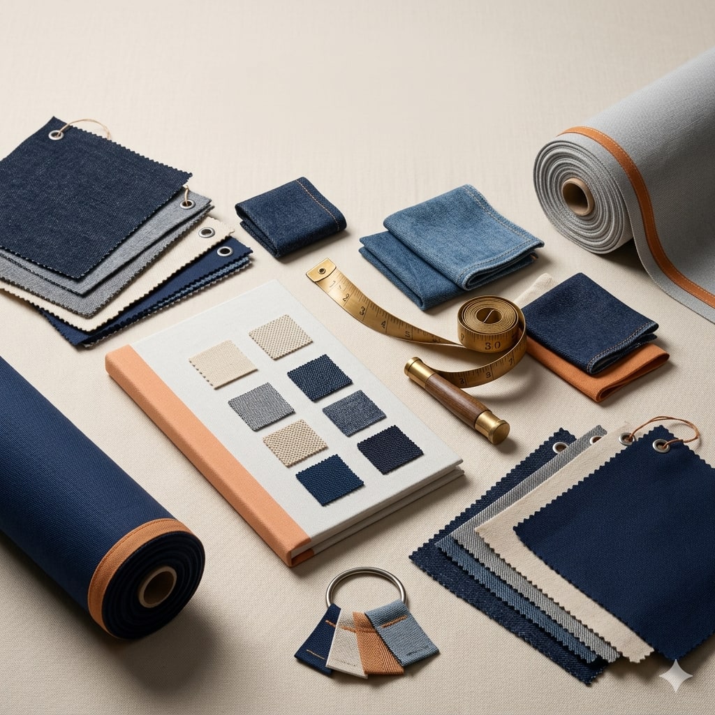 Professional fabric selection guide from Amrita Global Enterprises. Flat lay photography of organize