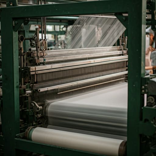 Industrial textile manufacturing loom in motion