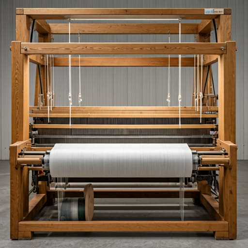 Close up of high speed industrial loom weaving navy fabric