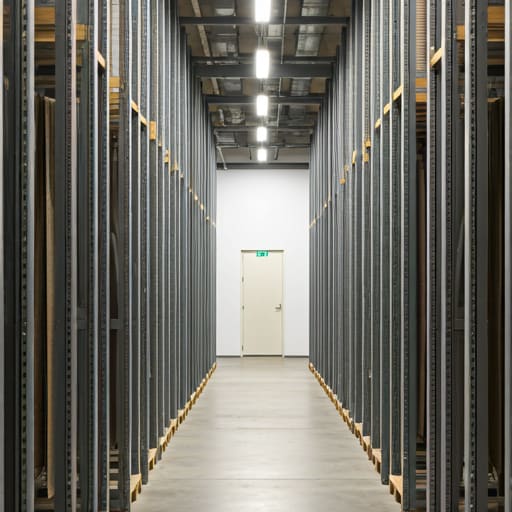 Modern textile warehouse interior with tall shelves