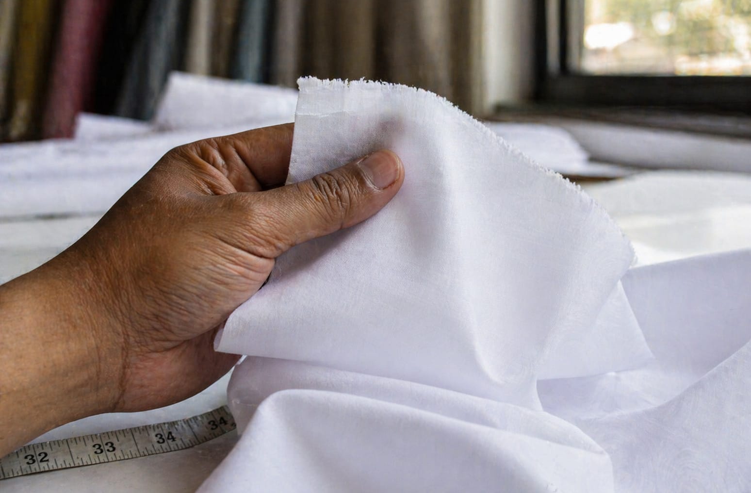 Tailor inspecting solid dyed white poplin fabric swatch near bright window for quality check