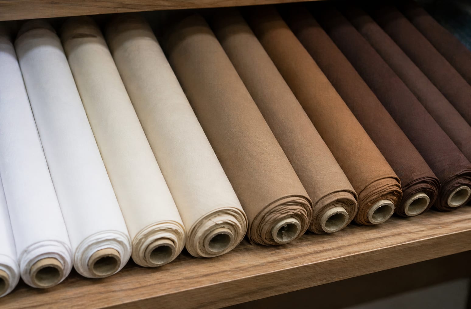 Neatly rolled solid dyed poplin fabric tubes in gradient shades from white to brown on wooden shelf