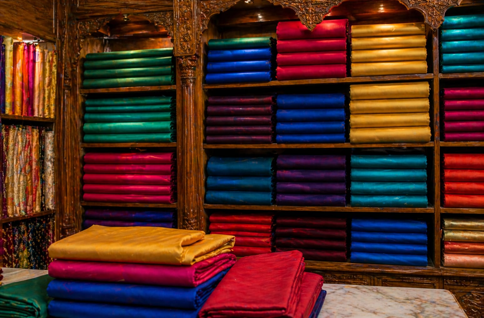 Vibrant jewel-toned solid dyed poplin fabric bolts stacked in a traditional Varanasi fabric shop