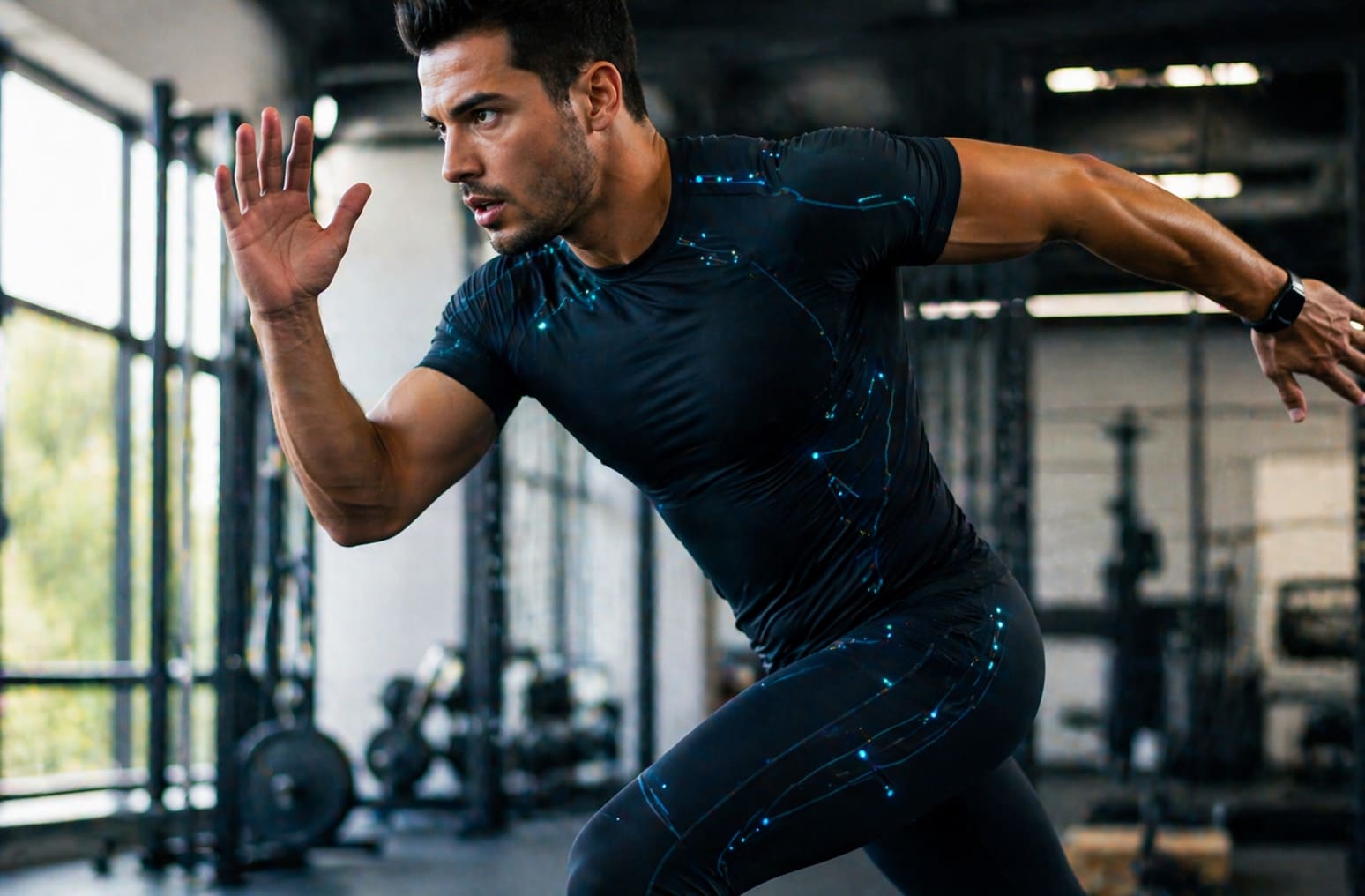 Athlete wearing sensor-integrated smart performance fabric in a gym