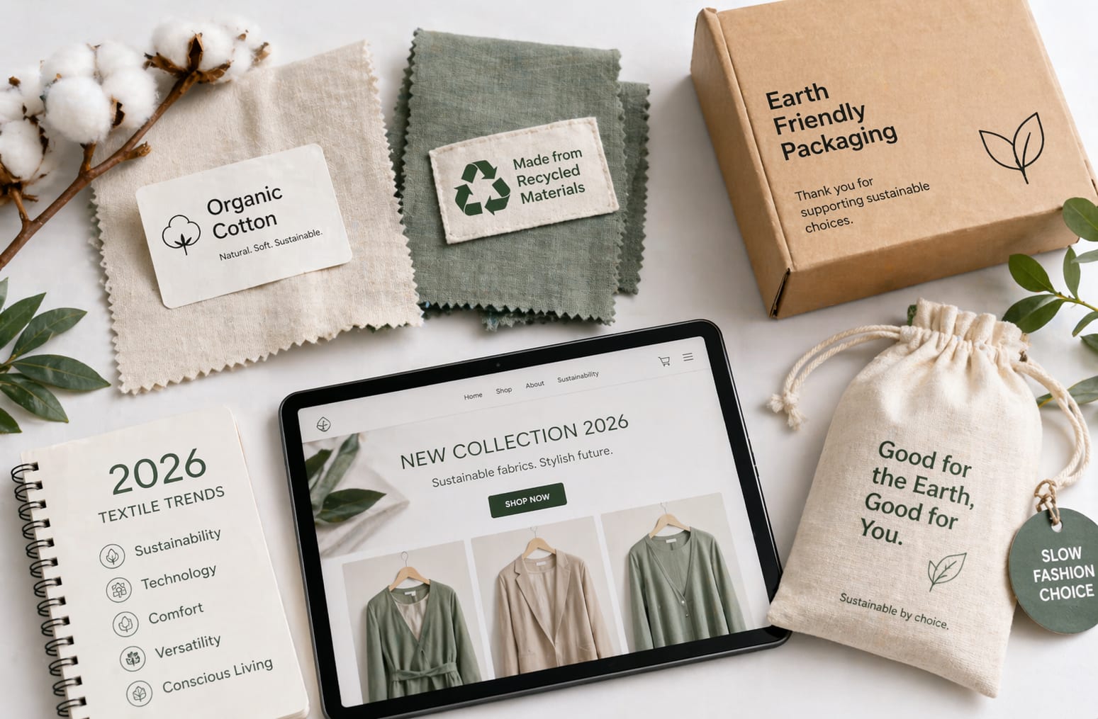 Flat lay collage of 2026 textile trends including organic cotton, fabric, and e-commerce tablet