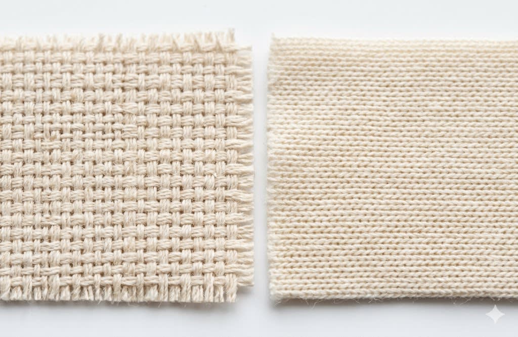 Close view of woven cotton construction beside a jersey fabric swatch