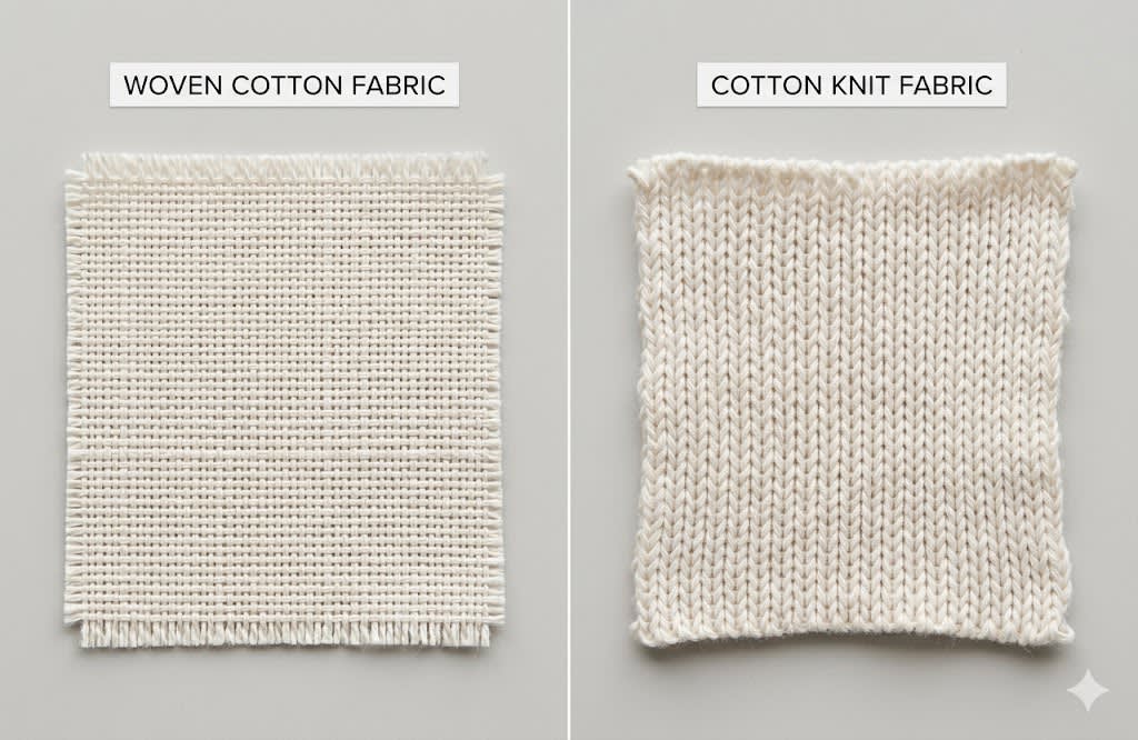 Structured woven cotton and soft cotton knit fabric comparison