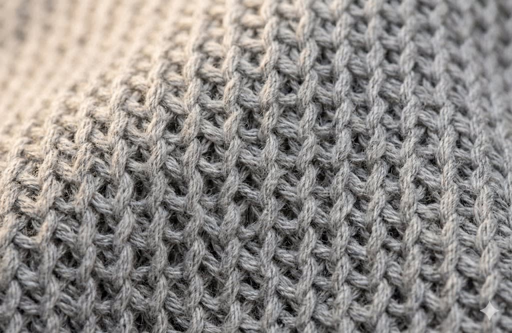 Close-up of grey cotton knit loop construction