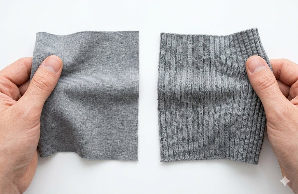 Hands comparing cotton jersey and rib knit fabric textures