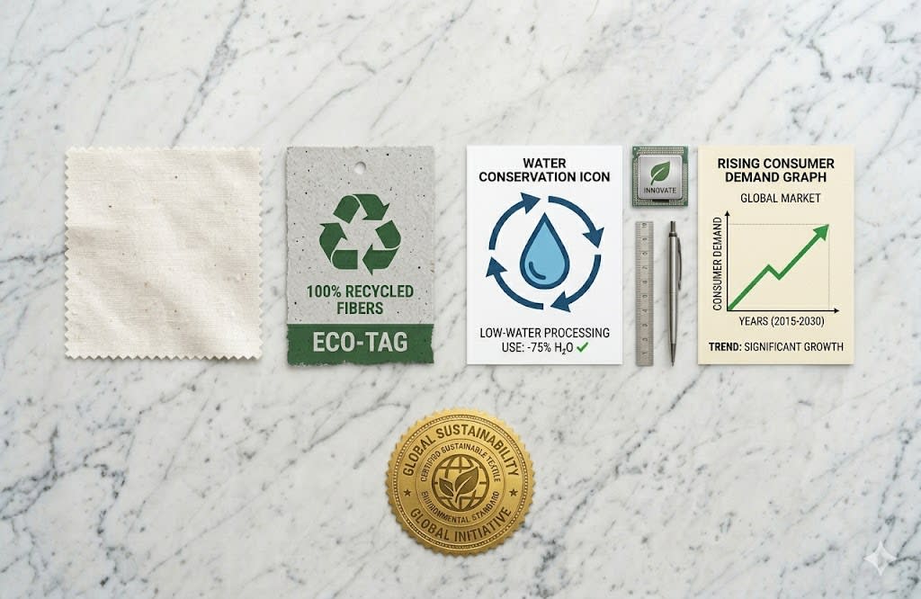 Fabric swatches with sustainability and demand planning symbols