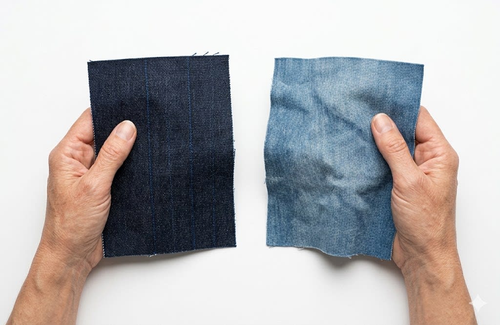 Buyer handling raw and washed denim samples for sourcing review
