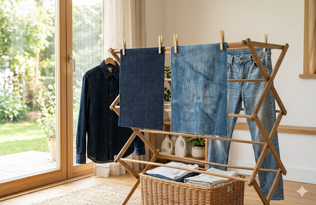 Denim garments air drying on wooden rack near bright window in clean laundry space