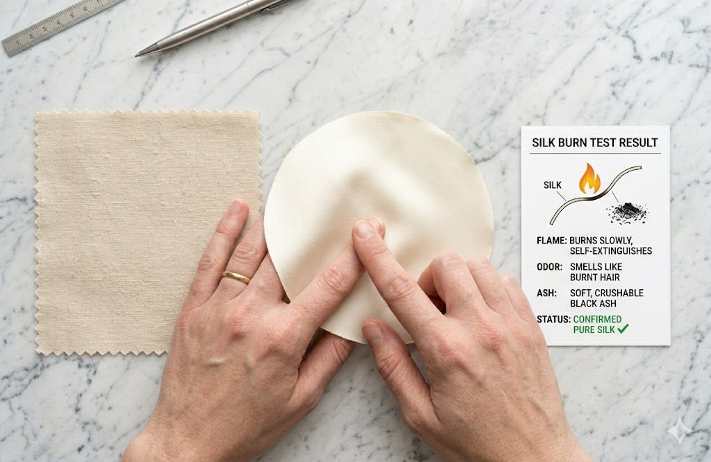 Hands comparing the feel of silk and imitation fabric samples