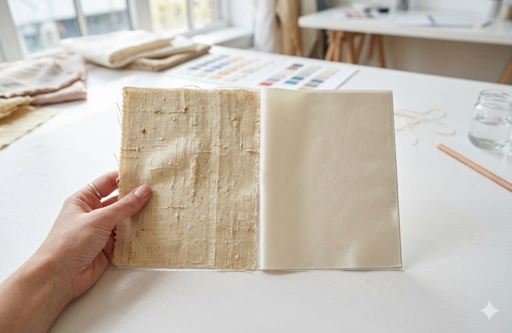 Textured raw silk and smooth silk swatches compared side by side