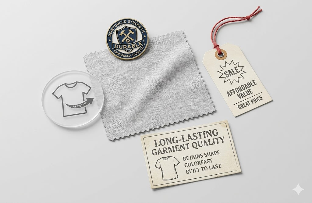 Polyester blend benefits flat lay with swatch wrinkle icon durability and affordability