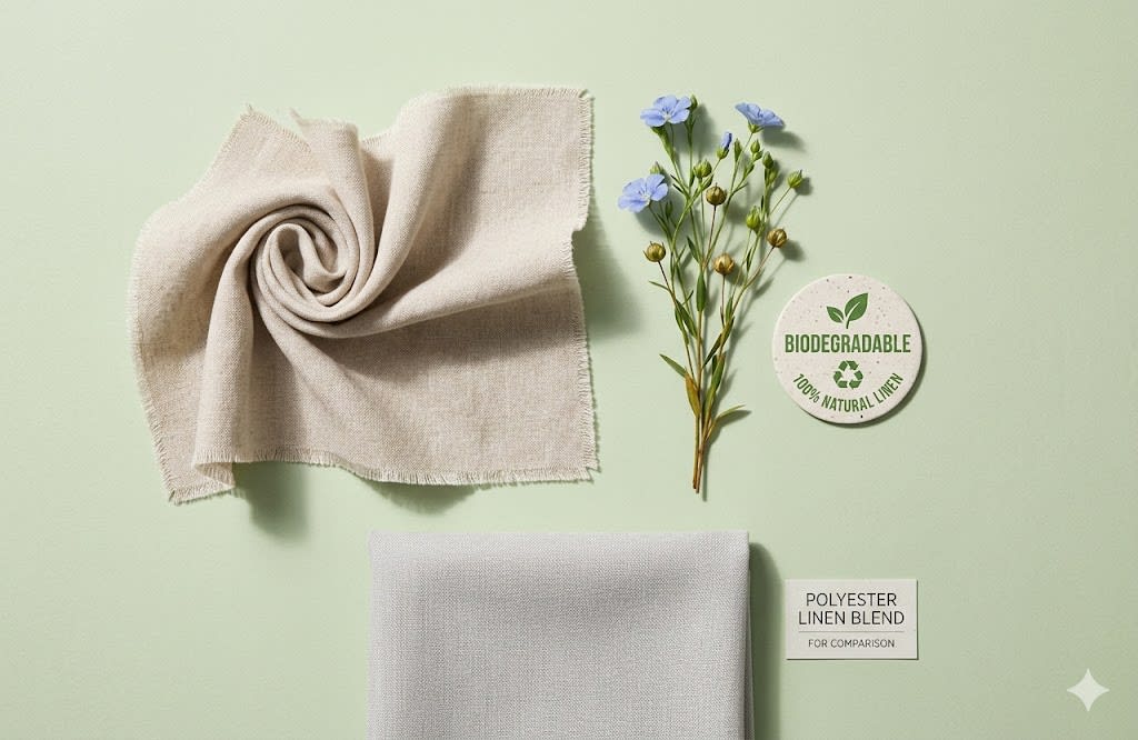Soft linen swatch and polyester-linen blend comparison for garment buyers