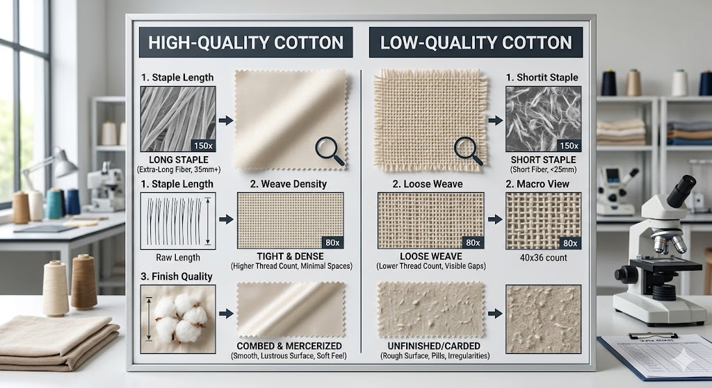 Cotton fabric samples compared for weave and surface consistency