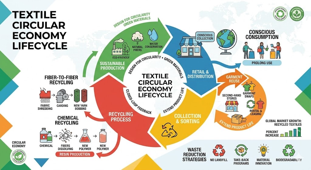 Diagram showing textile circular economy lifecycle with recycling and reuse