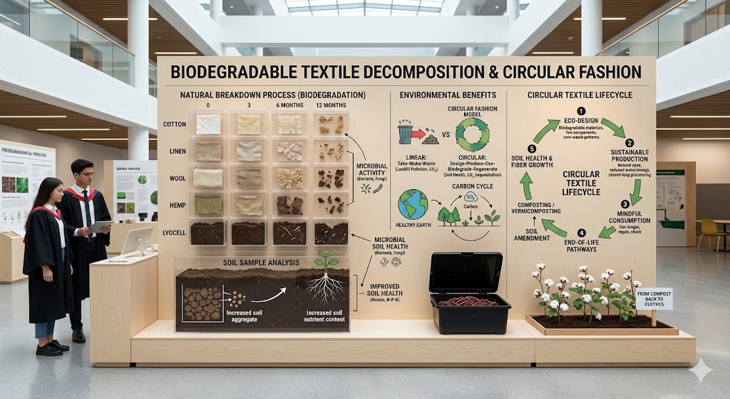 Biodegradable textile samples decomposing in a natural environment