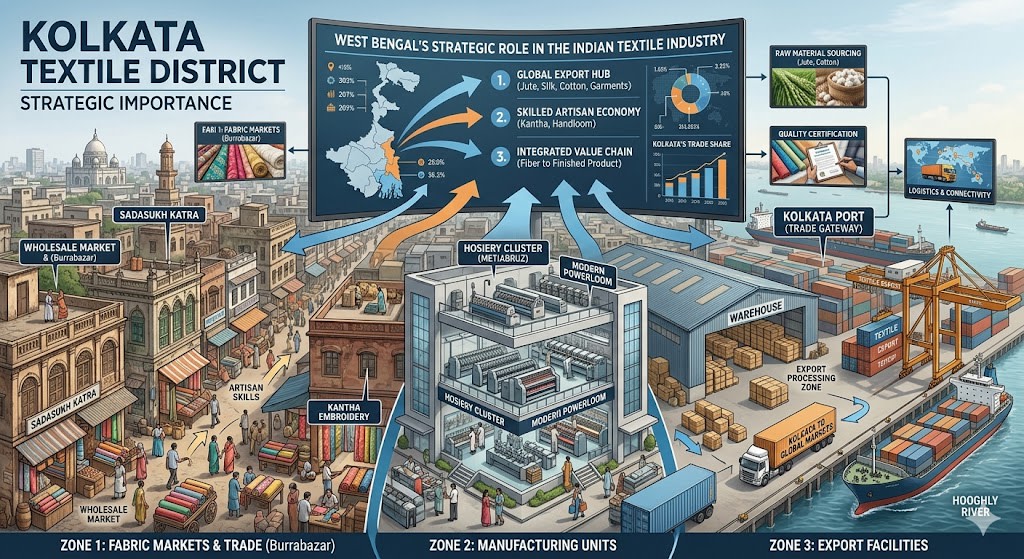 Kolkata textile market with fabric rolls and export infrastructure