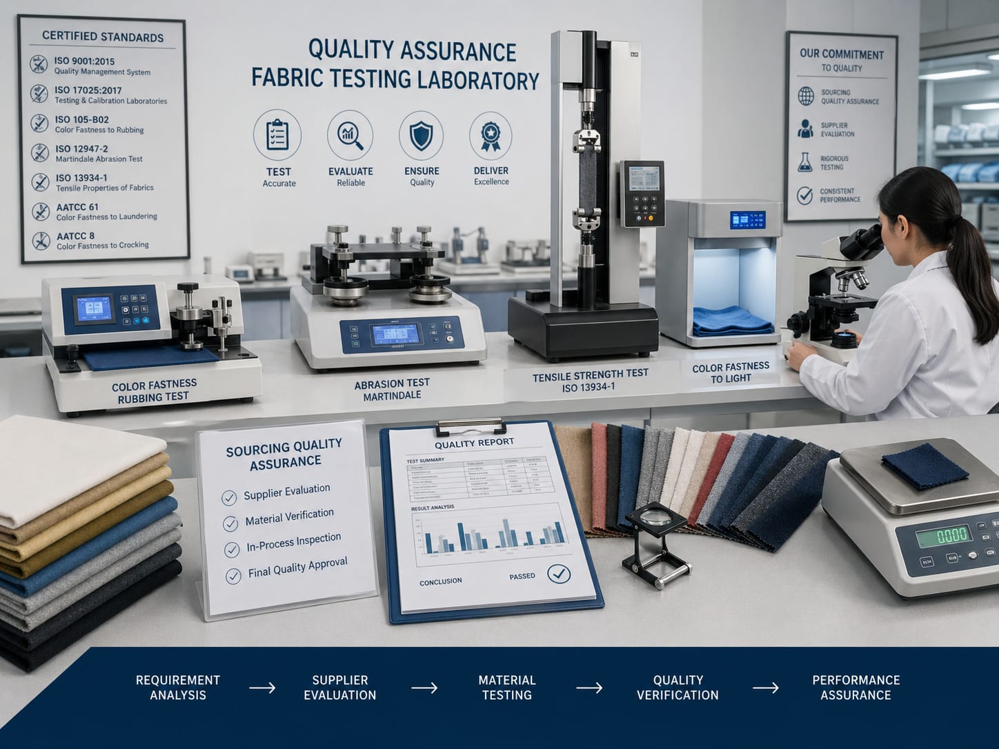 Close-up of fabric quality inspection and sample comparison for sourcing