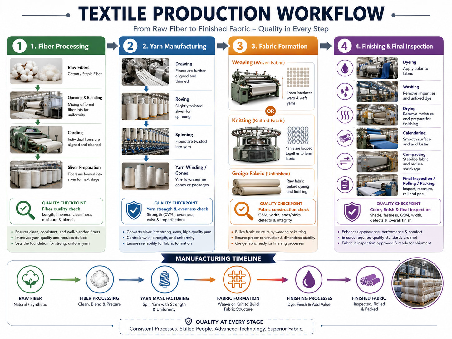 Textile production workflow showing manufacturing stages from fiber to finished fabric