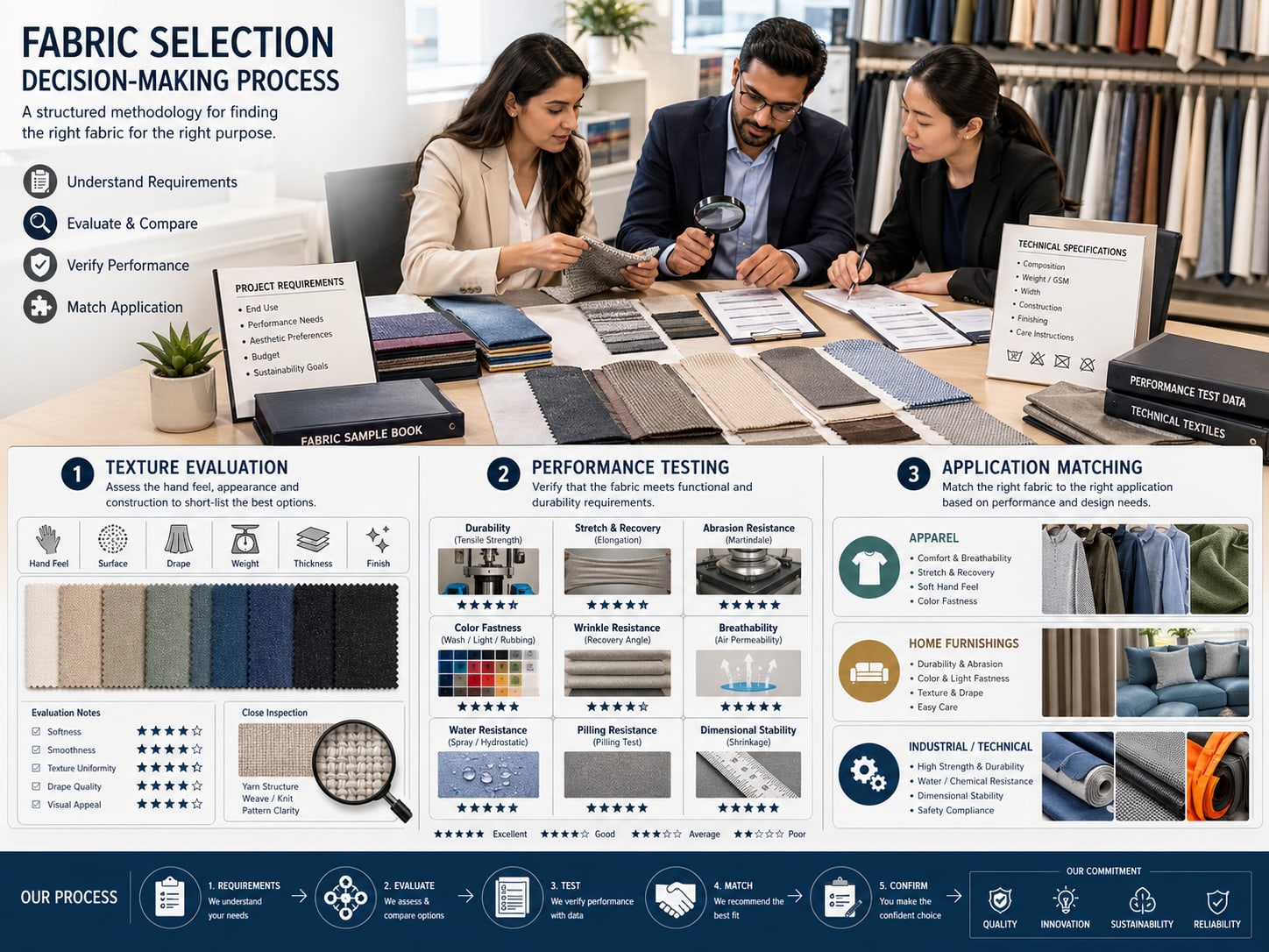 Textile buyer reviewing fabric texture and application suitability
