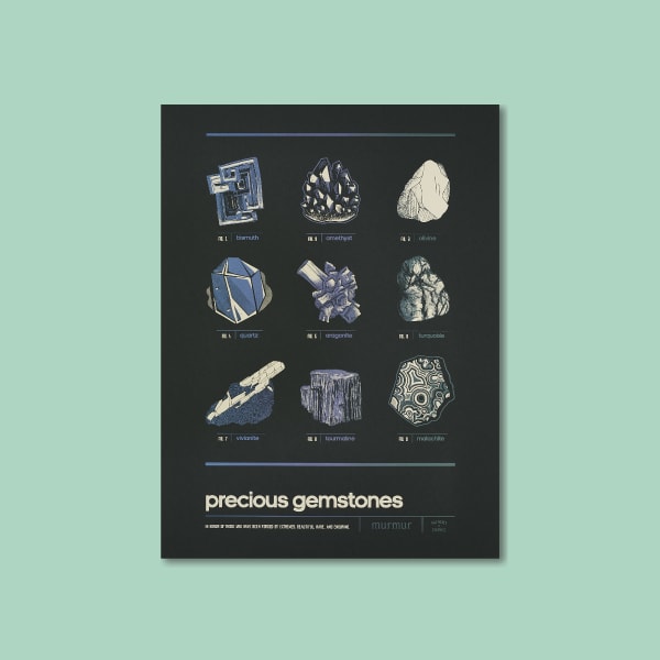 A grid of nine gemstones in different illustration styles followed by text that reads "Precious Gemstones. In honor of those who have been forged by extremes: beautiful, rare, and enduring."