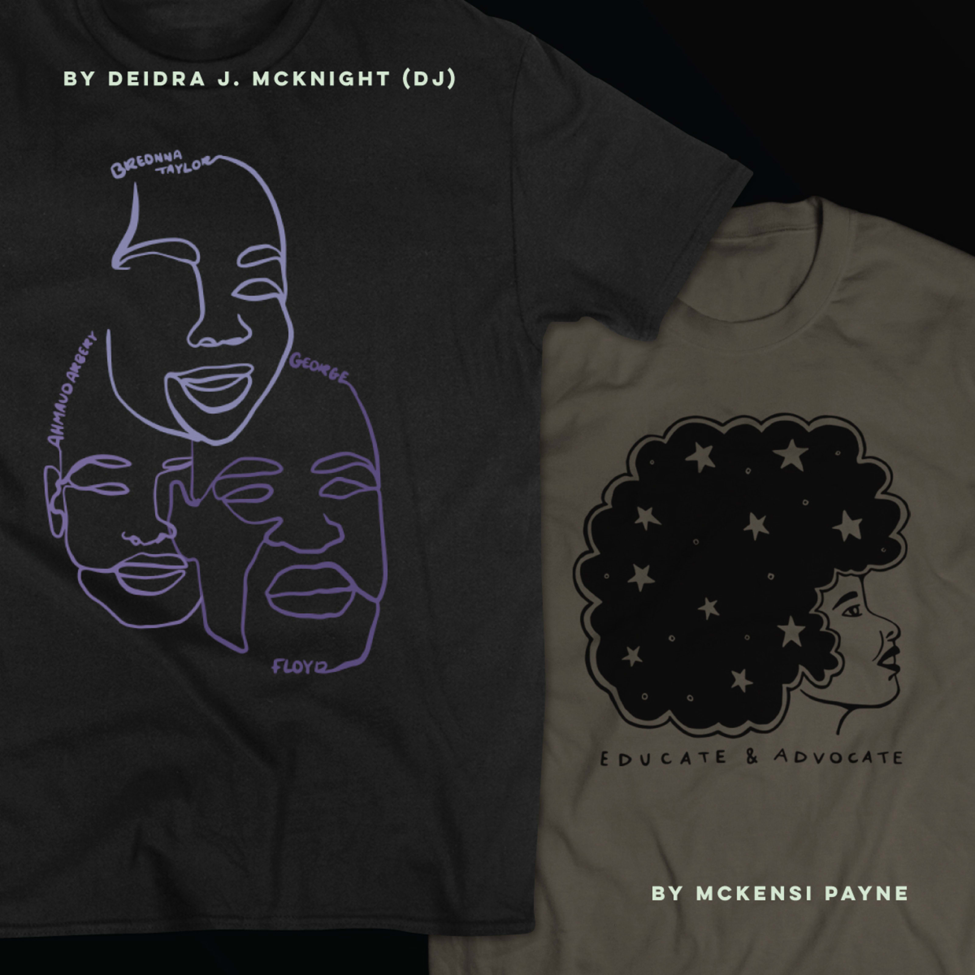 two shirts designed by featured artists