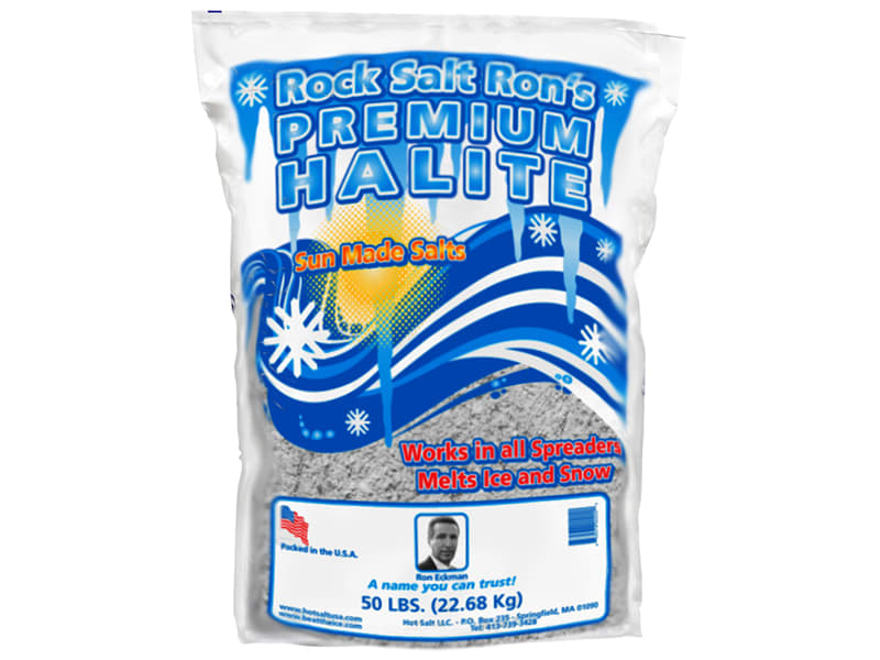 We carry Rock Salt Ron’s Premium Halite in 50 lb bags. It works in all spreaders to melt ice and snow.  Rock Salt