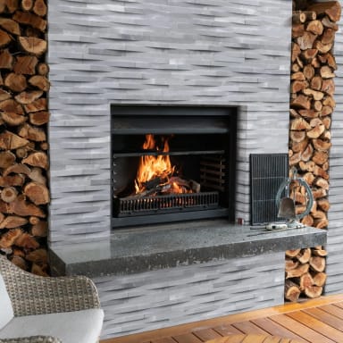 Cosmic Gray Marble Splitface Outdoor Fireplace